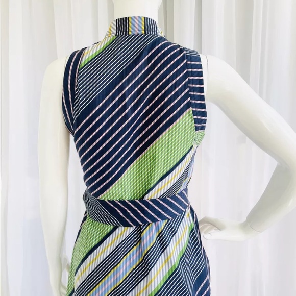 Tory Burch Dress Overprinted Blue Green Stripes Sleeveless Wrap Midi Size 0 - Picture 2 of 10